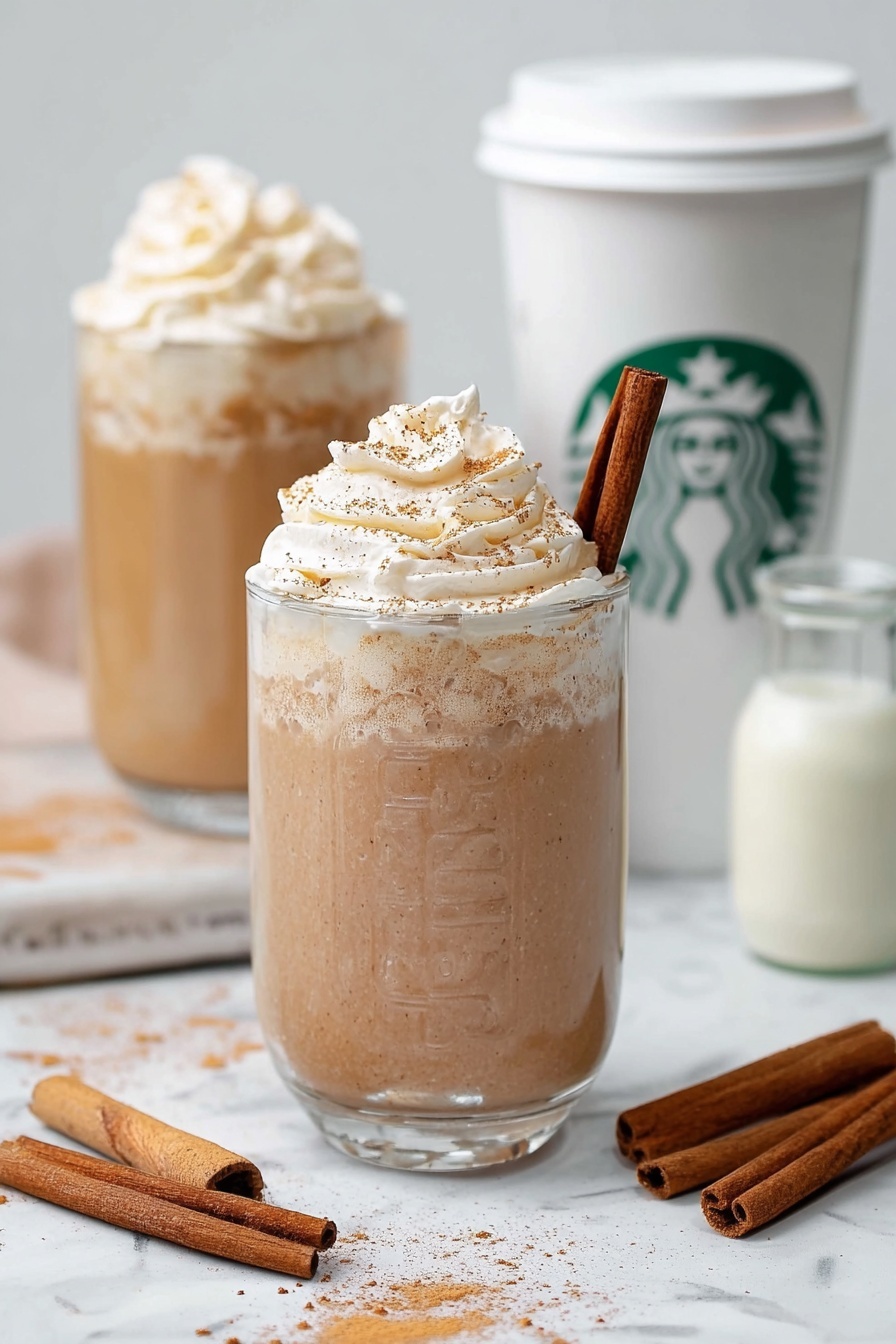 The image shows a clear glass cup filled with a light brown drink topped with a thick swirl of white whipped cream sprinkled with light brown powder and a cinnamon stick standing upright on one side. Behind it, there is another clear glass with a similar drink and whipped cream, and a white Starbucks paper cup with a lid and green logo is placed next to them on a white marbled surface. Cinnamon sticks and a small white jug with milk are also scattered around, adding warm tones to the scene. Photo taken with an iphone --ar 2:3 --v 7