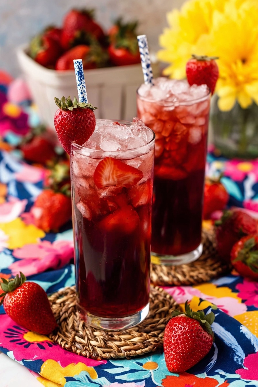 Two tall clear glasses filled with dark red liquid have crushed ice piled on top, creating a light pink layer above. Each glass is garnished with a fresh red strawberry sliced and placed on the rim, with a blue and white striped paper straw inserted in one of the glasses. The glasses sit on round woven coasters placed on a colorful floral cloth with bright red, yellow, blue, pink, and green patterns. Around the glasses, fresh red strawberries with green tops lay scattered. In the background, a white container filled with more strawberries and a large yellow flower can be seen. The surface is a white marbled texture photo taken with an iphone --ar 2:3 --v 7
