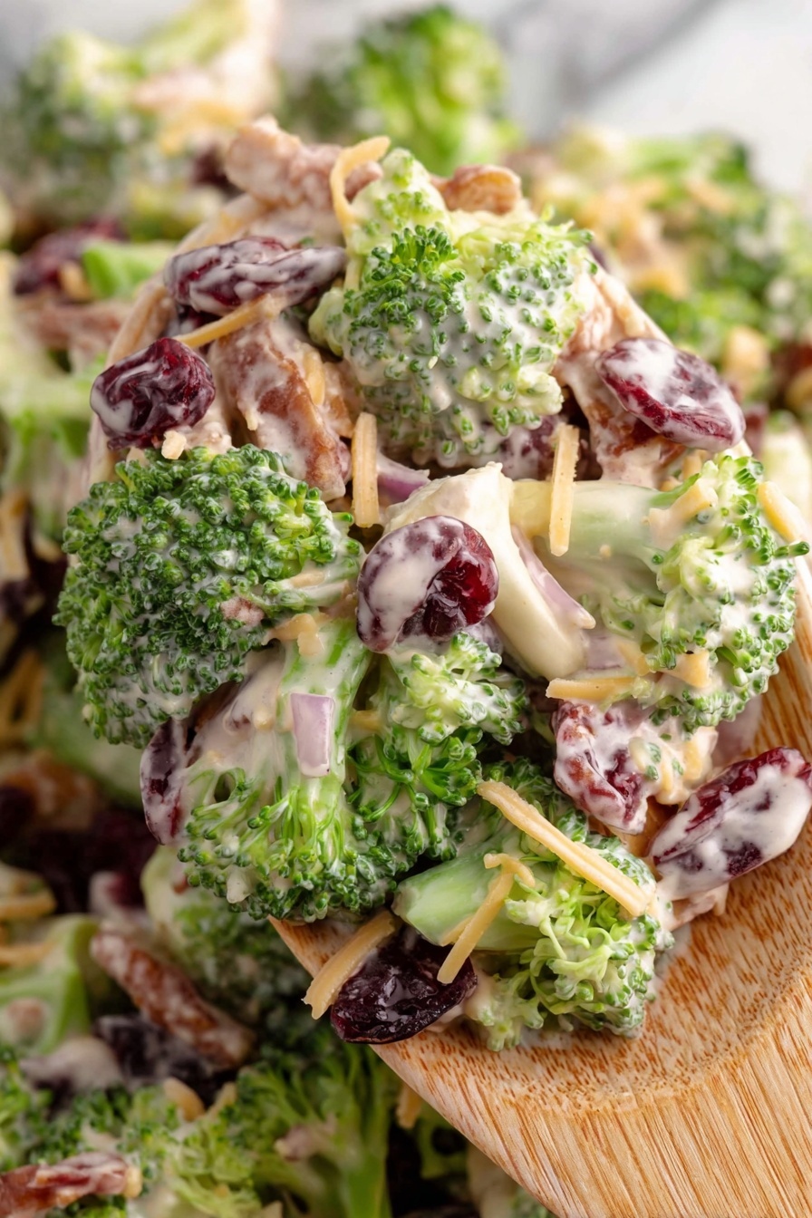 The image shows a close-up of a creamy broccoli salad with three main layers. The first layer includes bright green broccoli florets that have a fresh and slightly rough texture. The second layer contains small pieces of purple-red dried cranberries scattered evenly throughout the salad, adding a pop of dark color. The third layer features a creamy white dressing that lightly coats the broccoli and cranberries, giving a smooth texture with some small bits of chopped red onion mixed in. There are also thin pieces of light brown shredded cheese spread across the salad. The salad is on a wooden spoon, set on a white marbled surface. photo taken with an iphone --ar 2:3 --v 7
