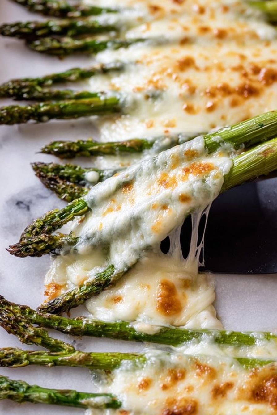 The image shows bundles of green asparagus spears lying flat on a white marbled surface, topped with a thick layer of melted white cheese that has browned spots, giving a bubbly, slightly crispy texture. The cheese covers the asparagus fully, stretching as a woman's hand lifts one bundle with a black spatula, creating strands of melted cheese pulling away. The asparagus tips are visible, bright green, and slightly charred from baking. photo taken with an iphone --ar 2:3 --v 7