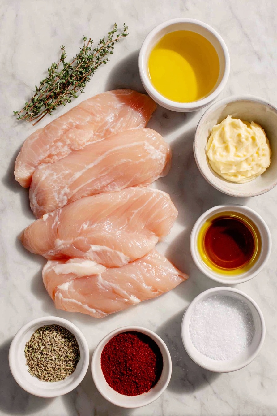 Flat lay of four raw boneless-skinless chicken breast thin cutlets with smooth pale pink skin, a small white bowl of bright yellow fresh lemon juice, a small white bowl of golden canola oil, a small white bowl filled with golden amber honey, a small white bowl of creamy pale yellow Dijon mustard, a small white bowl with deep reddish-brown smoked paprika powder, a small white bowl of light brown dried thyme leaves, a small white bowl of fine white salt crystals, and a small white bowl filled with whole black peppercorns, all arranged in perfect symmetry on a clean white marble surface, soft natural light, photo taken with an iPhone, professional food photography style, fresh ingredients, white ceramic bowls, no bottles, no duplicates, no utensils, no packaging --ar 2:3 --v 7 --p awthu7i m7354615311229779997