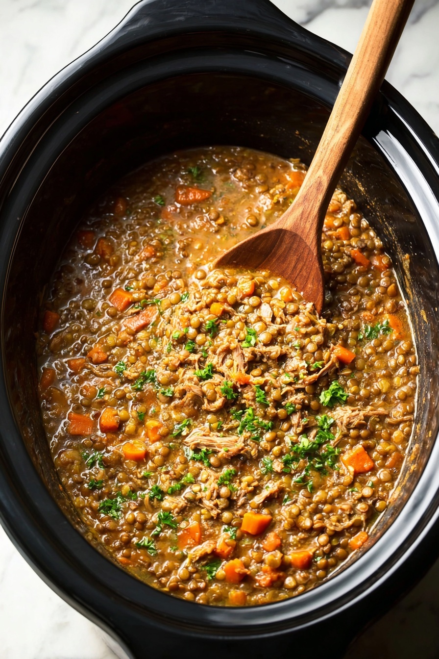 A black slow cooker filled with a thick stew made of small brown lentils, shredded light brown meat, and orange carrot pieces. The stew has a soft, slightly shiny texture with some green chopped herbs scattered on top. A wooden spoon is partly dipped into the stew from the upper right side, showing a smooth wooden texture. The slow cooker sits on a white marbled surface. photo taken with an iphone --ar 2:3 --v 7