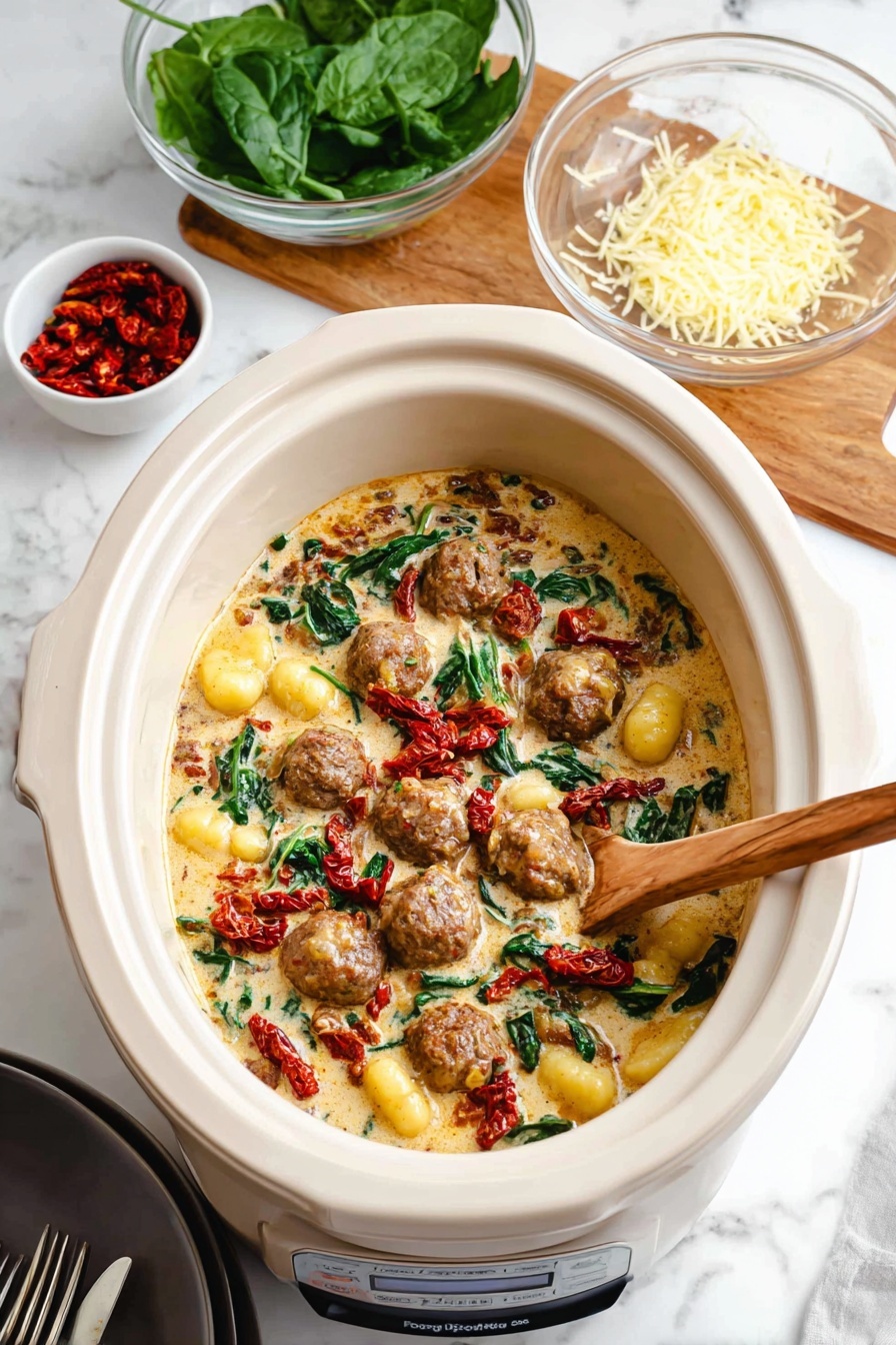 A white slow cooker filled with a creamy sauce layered with brown meatballs, light yellow gnocchi, dark green spinach leaves, and small pieces of red sun-dried tomatoes. A wooden spoon rests inside the cooker on the right side, partially submerged in the sauce. In the background, there is a wooden board with two clear glass bowls, one containing green spinach leaves and the other filled with grated pale yellow cheese. A small white bowl with red sun-dried tomatoes is placed near the top left corner, next to a dark grey plate with two forks on it. The whole setup is on a white marbled surface. photo taken with an iphone --ar 2:3 --v 7