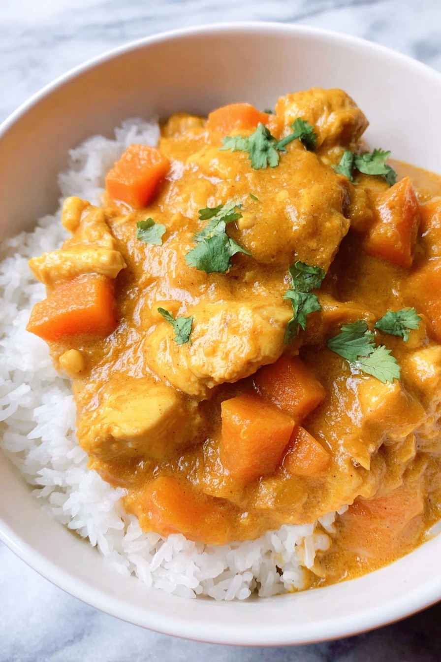 A white bowl with a layer of white rice at the bottom, topped with a thick, orange curry sauce that has a creamy texture. The curry includes chunks of yellowish cooked chicken and small pieces of orange carrots mixed throughout. There are a few small green cilantro leaves scattered on top for color contrast. The bowl sits on a white marbled surface. photo taken with an iphone --ar 2:3 --v 7