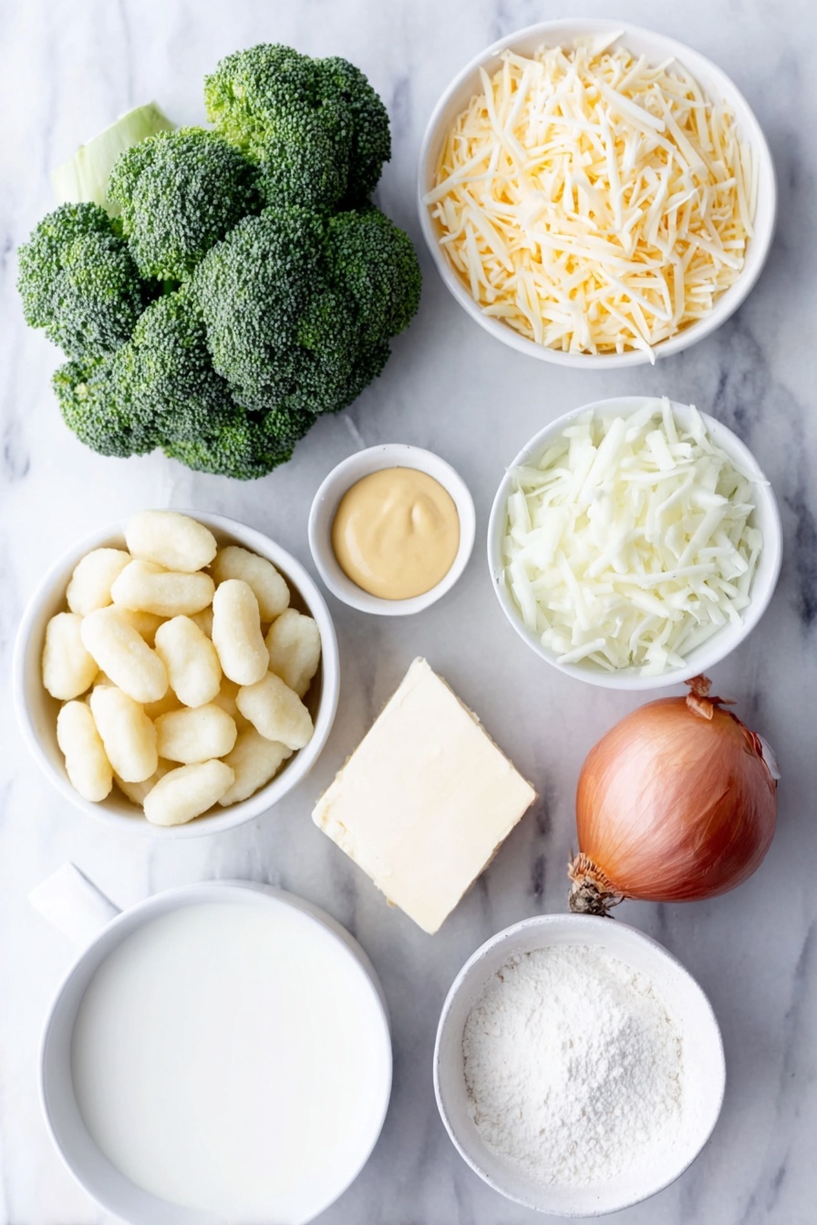 Flat lay of fresh broccoli florets trimmed and bite-sized, a block of sharp cheddar cheese and Monterey Jack cheese partially shredded, a small white onion chopped, two whole uncracked brown garlic cloves, one large fresh carrot shredded, a small mound of potato gnocchi, a pat of creamy butter, a small white ceramic bowl of all-purpose flour, a small white bowl of whole milk, a small white bowl with heavy cream, a small white bowl holding low-sodium chicken broth, a tiny white bowl with prepared Dijon mustard, a tiny white bowl with Worcestershire sauce, coarse kosher salt crystals scattered neatly alongside freshly ground black peppercorns, all ingredients arranged with perfect symmetry, no duplicates, no packaging, no utensils, simple white ceramic bowls, fresh and natural, placed on a clean white marble surface, soft natural light, photo taken with an iPhone, professional food photography style, fresh ingredients, white ceramic bowls, no bottles, no duplicates, no utensils, no packaging --ar 2:3 --v 7 --p m7354615311229779997