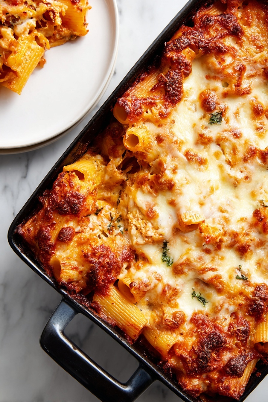 The image shows a baked pasta dish in a black baking dish with one handle visible. The pasta is rigatoni, cooked and mixed with a red sauce that seeps through the layers. The top layer is thickly covered with melted cheese that is golden and slightly browned in some spots, giving it a bubbly texture. Some green herb bits are visible mixed in the cheese and sauce, adding small pops of color. A white plate with a portion of the baked pasta is partly visible in the top left corner. The background is a white marbled surface. photo taken with an iphone --ar 2:3 --v 7