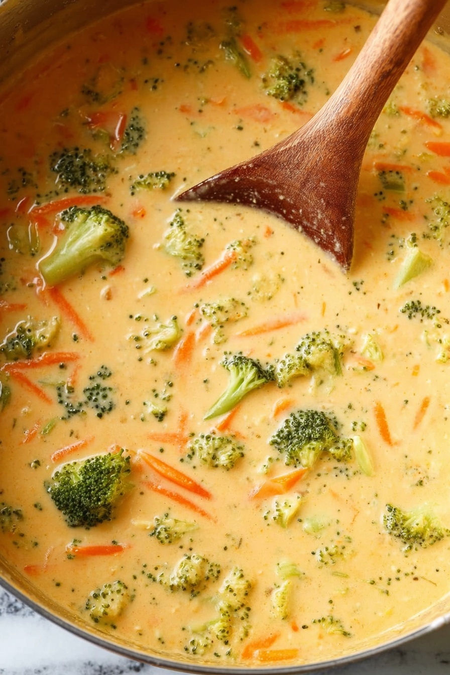 A close-up view of creamy soup in a pot, showing a thick light orange base with small chunks of bright green broccoli florets and thin orange carrot strips spread evenly throughout. A wooden spoon is stirring the soup, partially covered with the creamy mixture, and is placed near the center right of the image. The texture looks smooth with visible bits of vegetables adding some softness and color contrast. The background surface has a white marbled texture. photo taken with an iphone --ar 2:3 --v 7