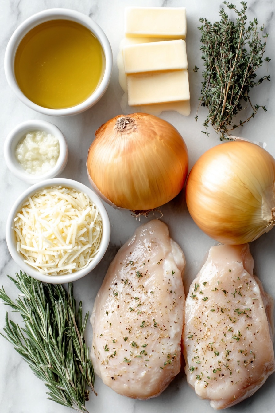 Flat lay of two large yellow onions halved and thinly sliced, a few small pats of fresh butter, a small white ceramic bowl of minced garlic, a small white ceramic bowl with fresh rosemary sprigs, another small white ceramic bowl with fresh thyme sprigs, a small white ceramic bowl filled with dry white wine, a small white ceramic bowl with low-sodium chicken broth, a few whole uncracked brown chicken breasts, a small white ceramic bowl of all-purpose flour, a small white ceramic bowl of olive oil, a small white ceramic bowl filled with shredded Gruyere cheese, and a small white ceramic bowl containing finely shredded Parmesan cheese, all arranged symmetrically with realistic proportions on a clean white marble surface, soft natural light, photo taken with an iPhone, professional food photography style, fresh ingredients, white ceramic bowls, no bottles, no duplicates, no utensils, no packaging --ar 2:3 --v 7 --p m7354615311229779997