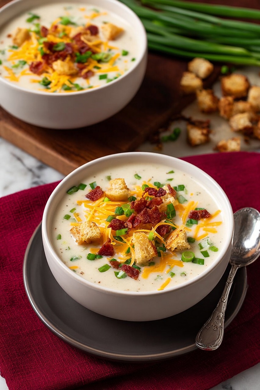 Two white bowls filled with creamy off-white soup sit on matching white plates over a dark red cloth on a wooden board with a white marbled background. Each bowl has a top layer of small golden brown crispy potato pieces, bright orange shredded cheddar cheese, small dark red bacon bits, and fresh green chopped scallions. A silver spoon rests on the front plate's edge, and green onion stalks are visible on the side. The soup is smooth with tiny black pepper specks scattered on top. photo taken with an iphone --ar 2:3 --v 7