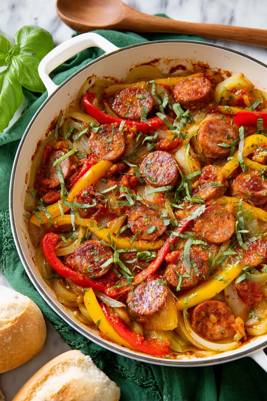 Seven small sandwiches are arranged on a white scalloped plate placed on a dark green cloth over a white marbled surface. Each sandwich has a light golden brown bun, sliced open to hold layers of cooked sausage pieces with a browned, slightly crispy texture, bright red and yellow sautéed bell pepper strips, and translucent cooked onions. The filling is sprinkled with finely chopped green herbs. A whole plain bun sits on the marbled surface near the plate, and a small white bowl with green herbs is partially visible in the top right corner. photo taken with an iphone --ar 2:3 --v 7