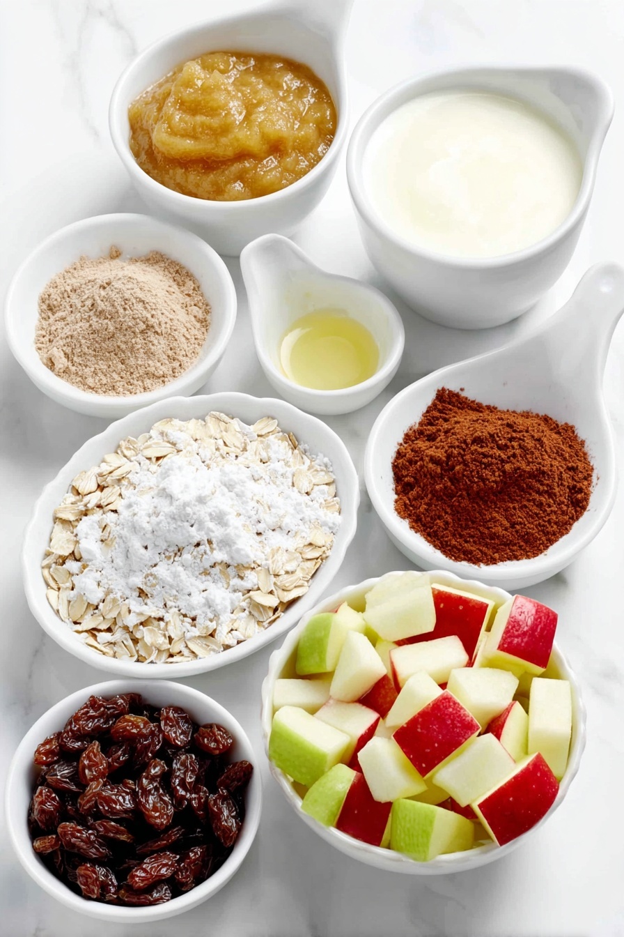 Flat lay of a small mound of rolled old-fashioned oats, a neat pile of ground cinnamon powder, a small heap of baking powder, a pinch of coarse sea salt crystals, a small white ceramic bowl filled with creamy unsweetened vanilla almond milk, a small white ceramic bowl holding smooth unsweetened applesauce, a small white ceramic bowl of golden maple syrup, a small white ceramic bowl containing light brown ground flaxseed, a small white ceramic bowl with solid white coconut oil, a small white ceramic bowl filled with clear vanilla extract, a white ceramic bowl with bright diced red and green apple pieces, and a small white ceramic bowl with plump dark raisins placed on a clean white marble surface, soft natural light, photo taken with an iPhone, professional food photography style, fresh ingredients, white ceramic bowls, no bottles, no duplicates, no utensils, no packaging --ar 2:3 --v 7 --p m7354615311229779997
