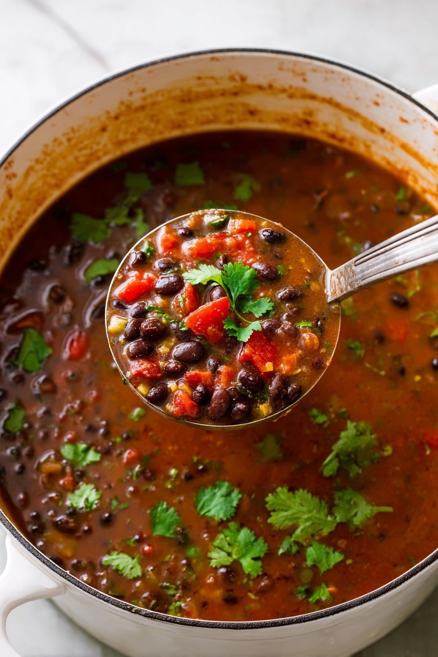 A white pot filled with thick brown soup, showing layers of black beans, bright red chunks, and chopped green herbs floating on its surface. A silver ladle lifts a scoop of the soup, displaying the same mix of dark beans, red pieces, and green cilantro leaves on top. The pot’s rim has small brown stains, and the soup looks warm and rich with visible textures of beans and vegetables. The background is a white marbled surface. Photo taken with an iphone --ar 2:3 --v 7