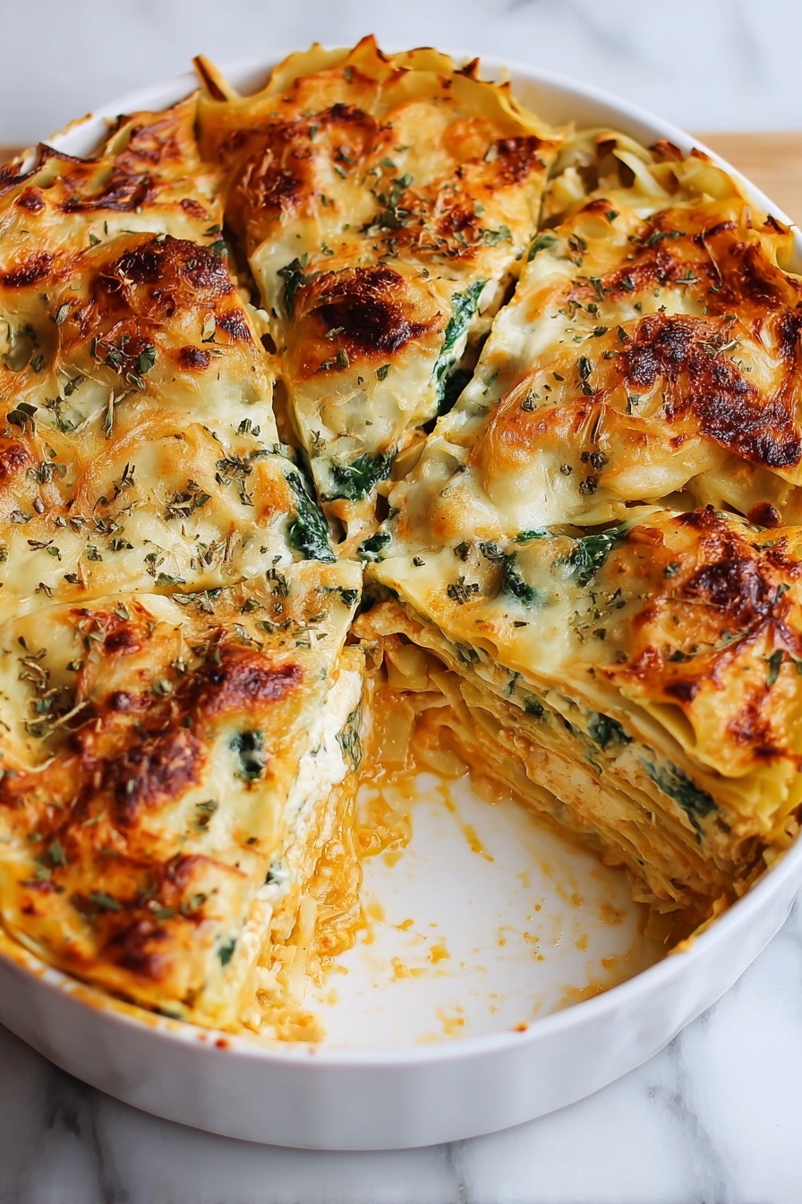 The image shows a white round dish with a layered lasagna inside. The top layer is golden brown with melted cheese that has some darker, crispy spots and sprinkled herbs. The lasagna is cut into several pieces, with one piece removed, revealing the layers inside. The layers include a creamy orange sauce with bits of green spinach and white noodles, which are soft and slightly wavy. The dish sits on a white marbled surface. photo taken with an iphone --ar 2:3 --v 7