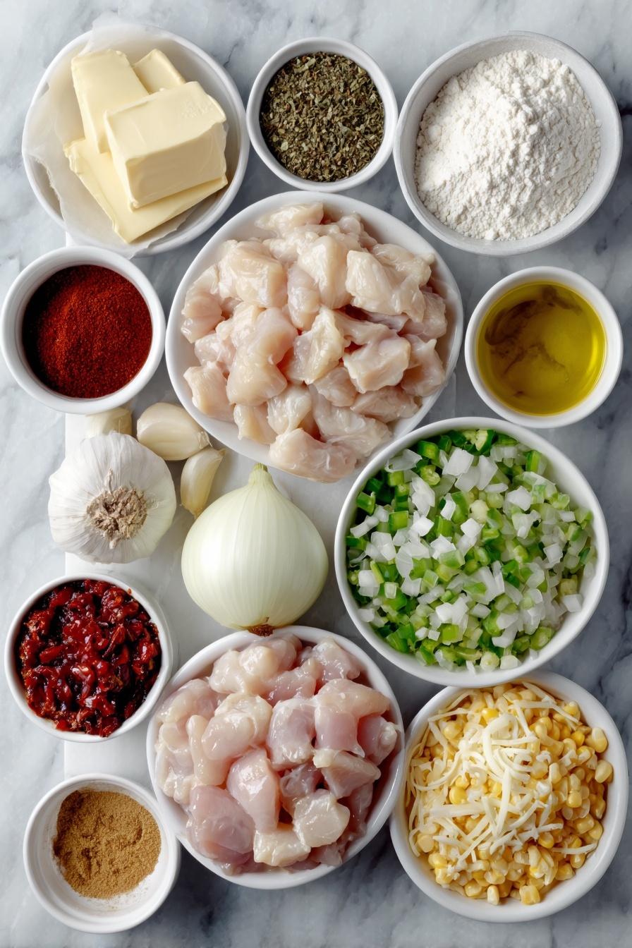 Flat lay of a small white ceramic bowl of unsalted butter, a small white ceramic bowl of golden olive oil, half a large diced white onion, one green jalapeno pepper sliced and minced, raw chopped chicken breasts in a neat pile, a small white ceramic bowl of ground cumin powder, a small white ceramic bowl of chili powder, a small white ceramic bowl of smoked paprika, a small white ceramic bowl of dried oregano, one chopped red bell pepper, a small white ceramic bowl of all-purpose flour, four whole garlic cloves peeled, two small white ceramic bowls—one with cream-style corn and one with drained sweet corn kernels, a small white ceramic bowl filled with fire-roasted diced tomatoes, a small white ceramic bowl of mild diced green chilies, a block of very soft cream cheese, a small white ceramic bowl of shredded sharp cheddar cheese, and a small white ceramic bowl of shredded Monterey Jack cheese arranged symmetrically, placed on a clean white marble surface, soft natural light, photo taken with an iPhone, professional food photography style, fresh ingredients, white ceramic bowls, no bottles, no duplicates, no utensils, no packaging --ar 2:3 --v 7 --p m7354615311229779997