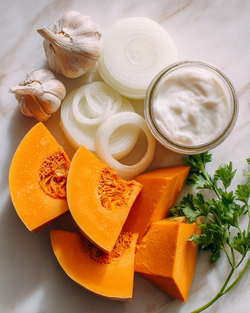 Pumpkin Soup - Flat lay of vibrant orange pumpkin chunks with smooth, matte skin, nestled beside a glossy whole butternut squash sliced lengthwise to reveal its deep orange flesh, crisp white and brown onion slices showing delicate layers, two shiny garlic cloves with papery skin intact, a small heap of fresh green parsley leaves adding a pop of color, and a small glass jar filled with thick, creamy white cream showcasing its rich texture, all naturally arranged with gentle overlaps and soft shadows, placed on white marbled surface, photo taken with an iphone --ar 2:3 --v 7
