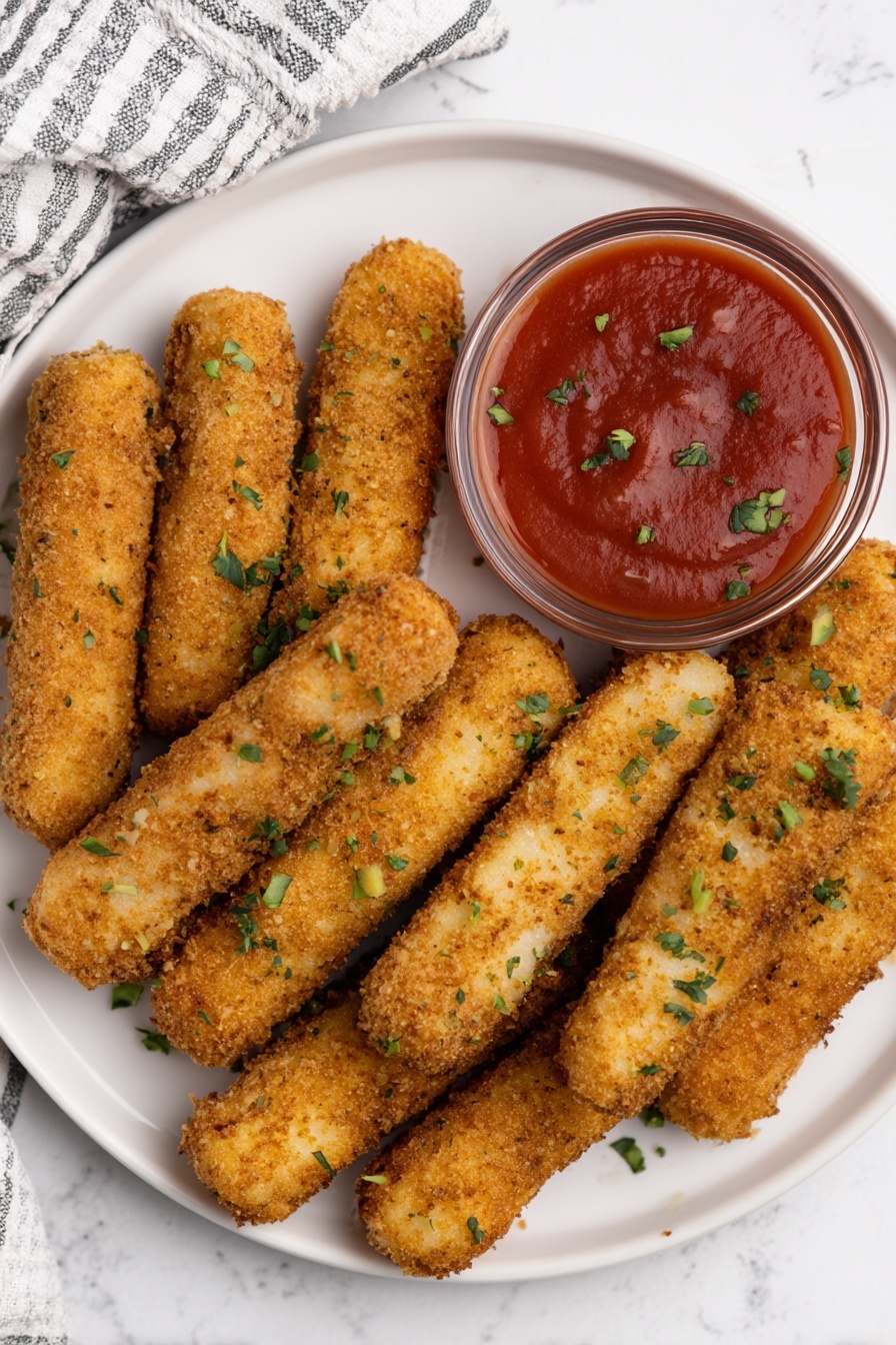 The image shows a white round plate on a white marbled surface. On the plate, there are eleven golden brown, crispy sticks evenly spread across, topped with small pieces of chopped green herbs. On the right side of the plate, there is a clear glass bowl filled with smooth red dipping sauce, also sprinkled with chopped green herbs. A white and gray striped cloth is partially visible in the upper left background. The lighting highlights the crunchy texture of the sticks and the smooth surface of the sauce. photo taken with an iphone --ar 2:3 --v 7