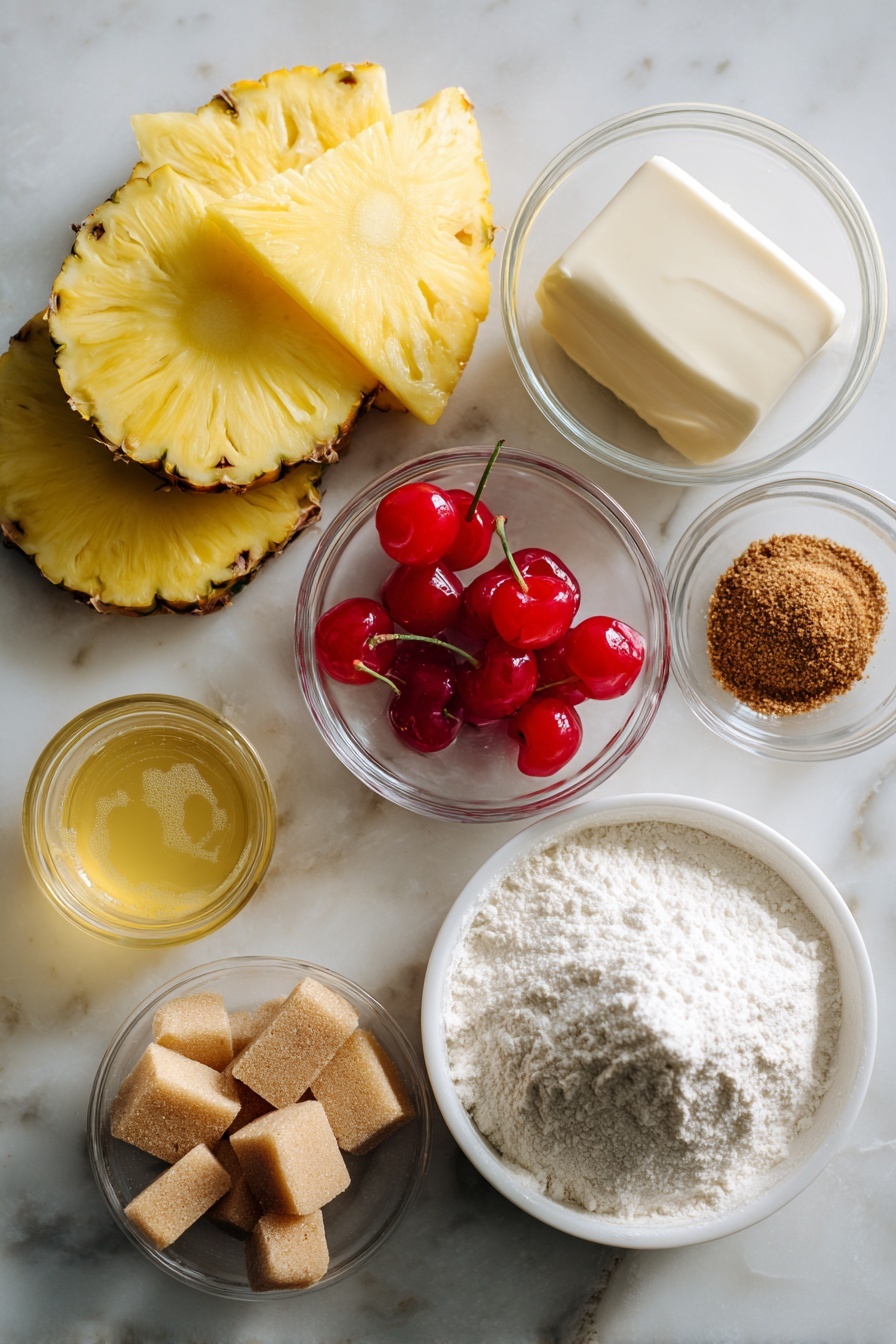 Flat lay of bright yellow pineapple slices neatly arranged next to glossy red maraschino cherries, small piles of light and dark brown sugar crystals, a cube of creamy pale butter, a heap of white all-purpose flour, smooth white sour cream in a dollop, and a small glass of golden pineapple juice, all placed on a white marble surface, photo taken with an iphone --ar 2:3 --v 7