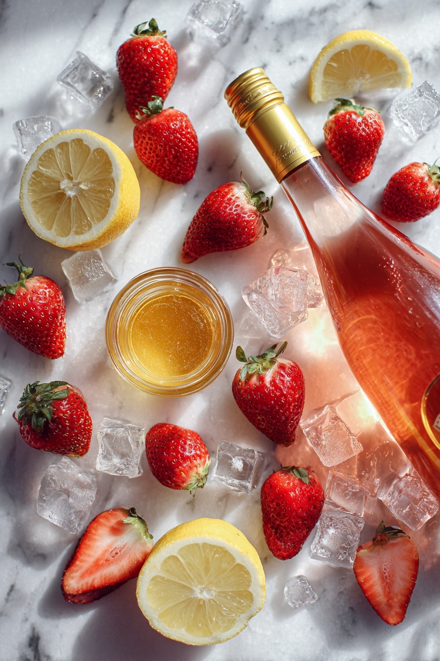 Flat lay of vibrant frozen strawberries scattered alongside a chilled bottle of rosé wine, a small glass jar filled with golden simple syrup, fresh lemon wedges glistening with juice, and a few clear ice cubes artfully placed, all arranged on a white marble surface, photo taken with an iphone --ar 2:3 --v 7