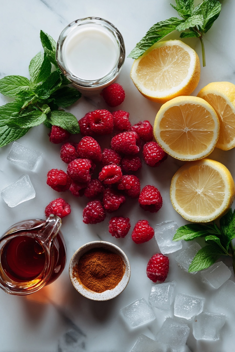 Flat lay of fresh raspberries, vibrant lemon slices, bright fresh mint leaves, creamy half and half in a small glass jug, scattered ice cubes, a small bowl of golden cinnamon powder, and a bottle of pure vanilla extract, all beautifully arranged in a balanced composition, placed on a white marble surface, photo taken with an iphone --ar 2:3 --v 7