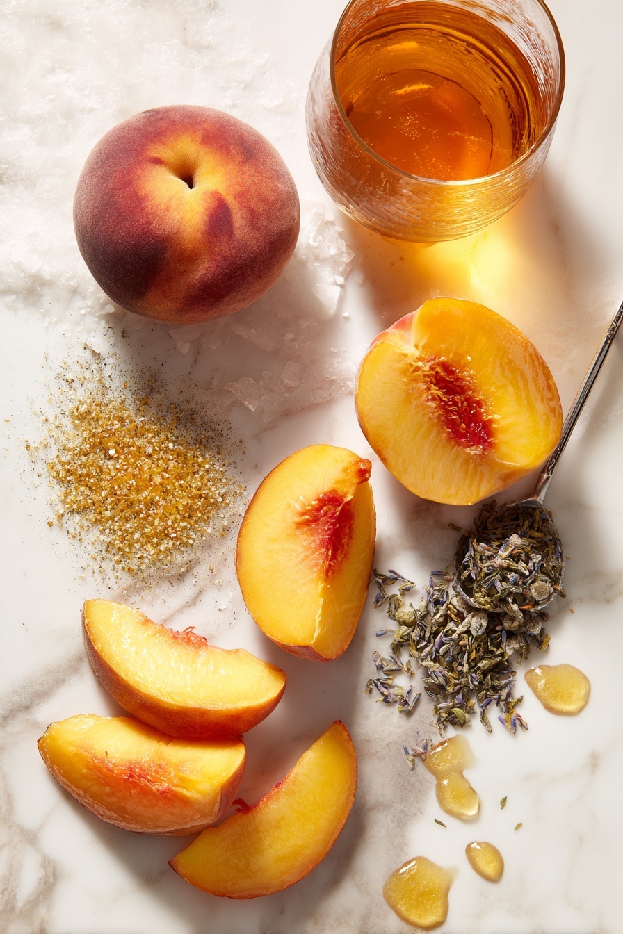 Flat lay of fresh sliced peaches glistening with juice, a small mound of golden honey glistening under the light, sparkling granulated sugar crystals, a glass of amber-colored brewed tea, smooth pureed peach puree in a small drizzle, a family size tea bag with loose tea leaves spilling slightly, and droplets of water adding freshness, all beautifully arranged and placed on a white marble surface, photo taken with an iphone --ar 2:3 --v 7