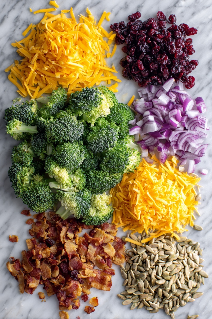Flat lay of fresh bright green broccoli florets, sharp shredded cheddar cheese in vibrant orange piles, deep red chopped craisins, finely diced vivid purple red onion, crispy crumbled golden brown bacon, and light beige sunflower kernels, all beautifully arranged in small neat piles on a white marble surface, photo taken with an iphone --ar 2:3 --v 7