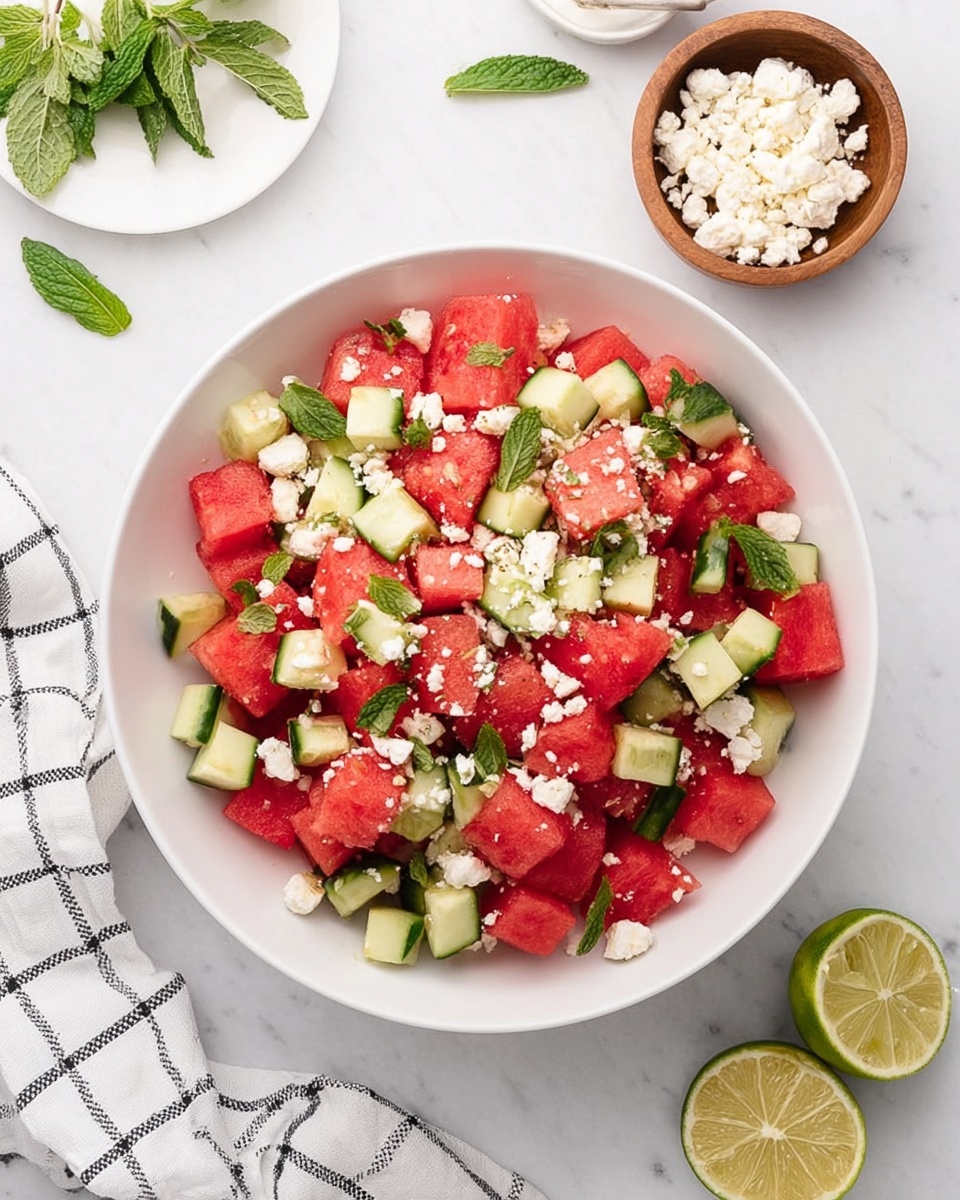 The image shows a white bowl filled with a fresh salad consisting of bright red watermelon cubes and dark green cucumber pieces, scattered with small white crumbles of feta cheese and fresh green mint leaves on top. A silver spoon inside the bowl scoops some of the salad, held by a woman's hand, suggesting serving. In the background, there is a smaller white plate with more of the same salad, some fresh mint leaves on the white marbled surface, a black and white checkered cloth near the bowl, and two lime halves placed nearby. The overall look is fresh, colorful, and inviting. photo taken with an iphone --ar 2:3 --v 7