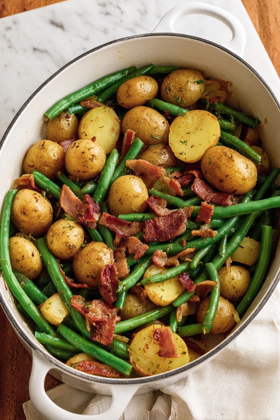 The image shows a white pot filled with cooked food placed on a white marbled surface. Inside, there are three main layers: the first layer consists of whole green beans that are bright green and have a smooth texture. The second layer has golden brown small potatoes, some sliced in half, showing a soft yellow inside with a slightly crispy outer skin. The top layer is broken pieces of crispy brown bacon scattered unevenly over the green beans and potatoes. The food looks well-seasoned with small visible herbs and spices. In the background, a cream-colored cloth is slightly visible. photo taken with an iphone --ar 2:3 --v 7