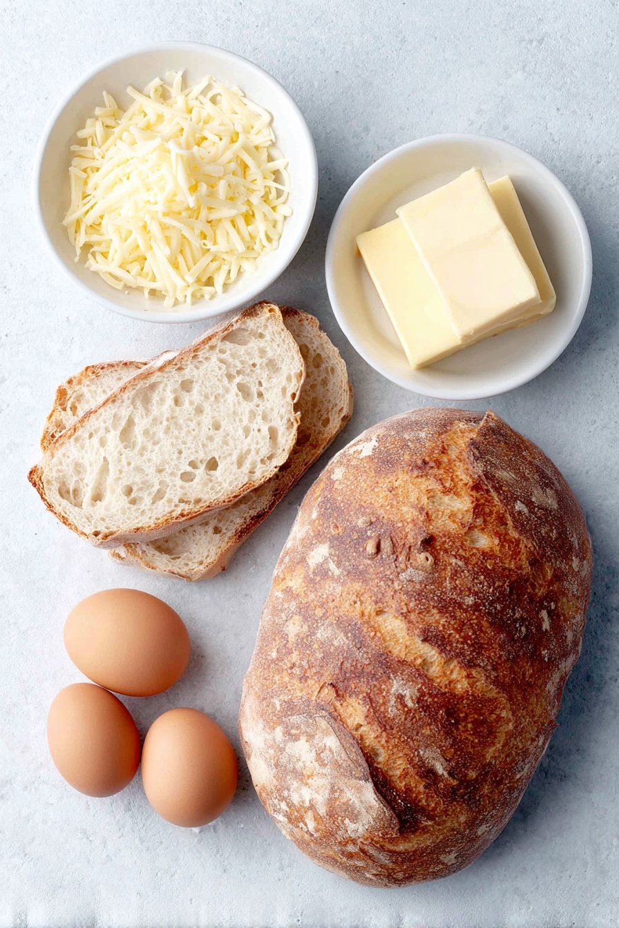 Flat lay of two thick slices of fresh sourdough bread with a rustic crust, a small pile of freshly grated vintage cheddar cheese, a small pile of freshly grated mozzarella cheese, a small white ceramic bowl filled with softened salted butter, and two whole uncracked brown eggs, all arranged in perfect symmetry on a clean white marble surface, soft natural light, photo taken with an iPhone, professional food photography style, fresh ingredients, white ceramic bowls, no bottles, no duplicates, no utensils, no packaging --ar 2:3 --v 7 --p awthu7i m7354615311229779997