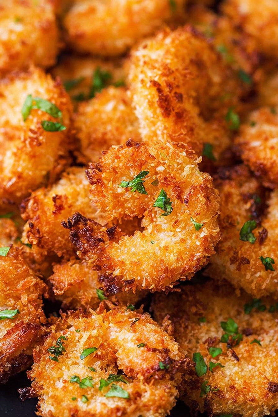 The image shows a white plate with a wooden rim placed on a white marbled surface. On this plate, there are about a dozen pieces of golden brown crispy fried shrimp arranged in a small heap. They are lightly garnished with small bits of green herbs. To the left of the shrimp on the plate is a small white bowl filled with bright red sweet chili sauce. Around the plate, there are some loose green parsley leaves scattered on the white marble, and a bunch of fresh parsley is placed above the plate. A white air fryer with a black and gold handle is visible on the top right corner, and a blue and white striped cloth is positioned on the lower right side. Photo taken with an iphone --ar 2:3 --v 7