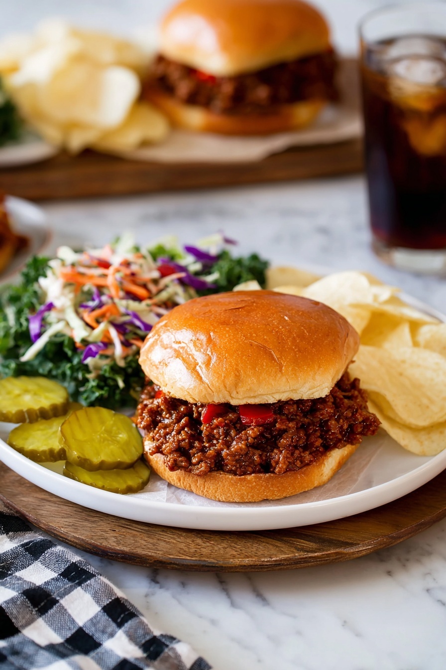 The dish shows a white plate with a sandwich in the center on a sheet of parchment paper. The sandwich has two shiny golden brown buns with a thick middle layer of dark brown cooked ground meat mixed with small pieces of red bell pepper. On the left side of the plate is a colorful salad with green kale, shredded purple cabbage, white cabbage, and thin orange carrot strips. To the right of the sandwich are pale yellow potato chips and three pickle slices that are green with ridged edges. In the background, there is a blurred second sandwich and more potato chips, along with a glass of dark soda with ice. The plate is placed on a wooden board that rests on a white marbled surface with a black and white checkered cloth nearby. Photo taken with an iphone --ar 2:3 --v 7