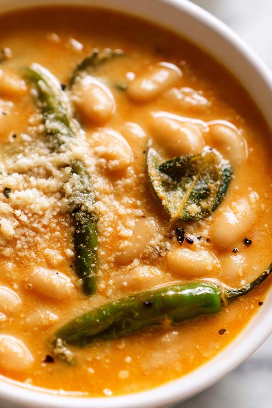A close-up view of a white bowl filled with thick, creamy orange soup. The soup has soft white beans that float in the rich liquid, along with whole green chili peppers, adding hints of deep green color. There is a sprinkle of pale, crumbly cheese or breadcrumbs on top, with tiny black specks scattered over the surface. The edges of the bowl show some orange soup splashes, and the background is a white marbled texture. photo taken with an iphone --ar 2:3 --v 7