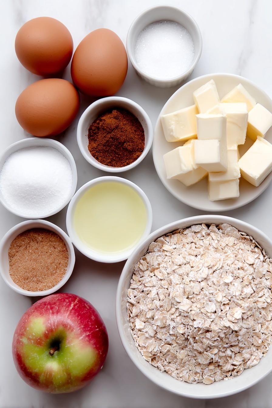 Flat lay of peeled, cored, and thinly sliced Granny Smith, Braeburn, and Golden Delicious apples arranged in an even fan; two whole uncracked brown eggs; a small white ceramic bowl of granulated sugar; a small white ceramic bowl of packed light brown sugar; a small white ceramic bowl of quick oats; a small white ceramic bowl of all-purpose flour; a small white ceramic bowl of ground cinnamon; a small white ceramic bowl of ground nutmeg; a small white ceramic bowl of salt; a small white ceramic bowl with fresh lemon juice; chilled unsalted butter cut into small cubes on a simple white ceramic plate; powdered sugar in a small white ceramic bowl; half and half in a small white ceramic bowl placed on a clean white marble surface, soft natural light, photo taken with an iPhone, professional food photography style, fresh ingredients, white ceramic bowls, no bottles, no duplicates, no utensils, no packaging --ar 2:3 --v 7 --p m7354615311229779997