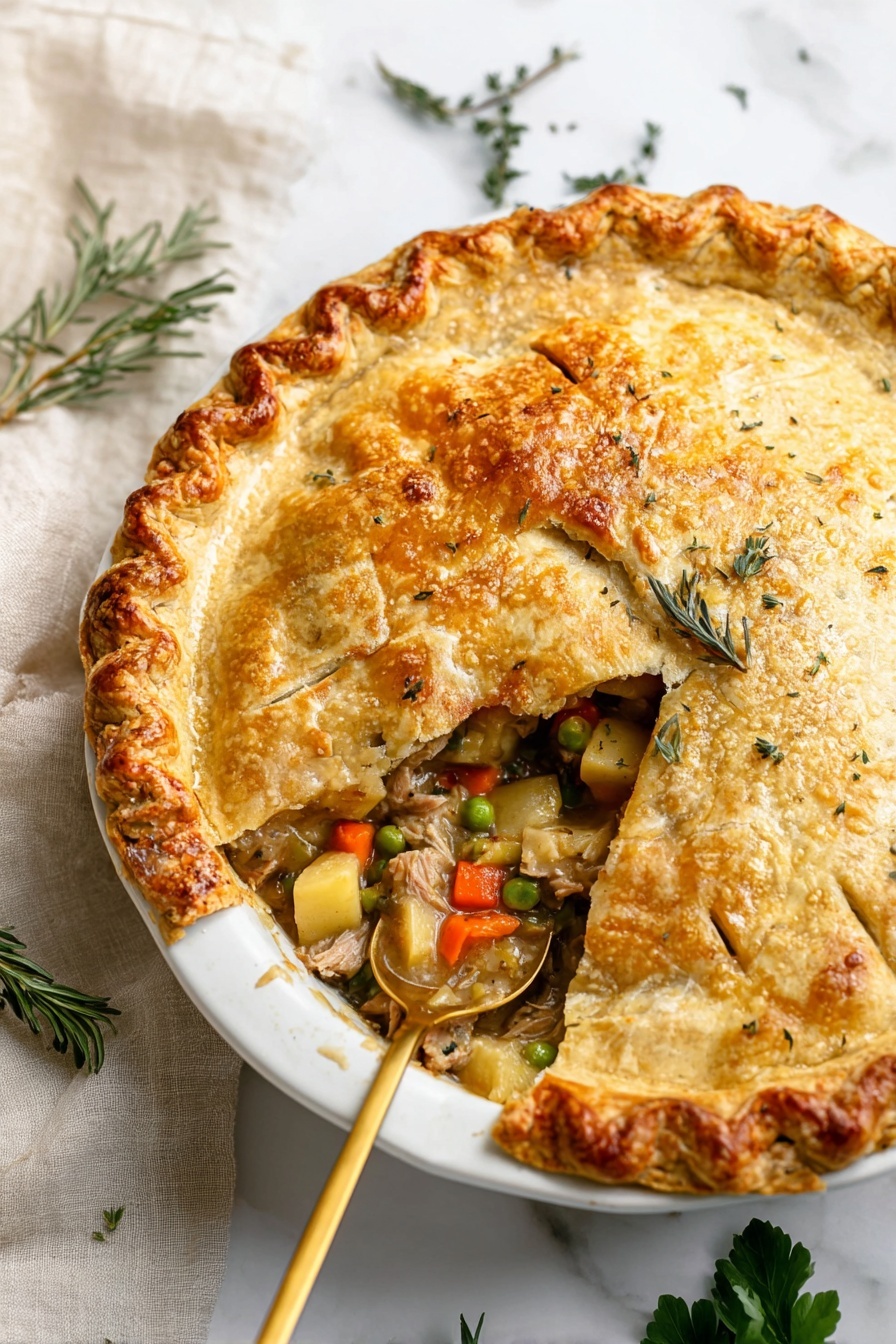 The image shows a white plate holding a round savory pie with a thick golden crust that is crimped around the edges. The top crust is slightly cracked with a shiny, textured surface, and a few small green herb sprigs are placed on it. A slice is removed from the pie, revealing a filling with chunks of light brown cooked meat, orange carrot pieces, small green peas, and yellow potato cubes in a thick sauce. A golden spoon is scooping some filling from the opened section. In the background, there are some fresh green herb sprigs and a light beige cloth on a white marbled surface. Photo taken with an iphone --ar 2:3 --v 7
