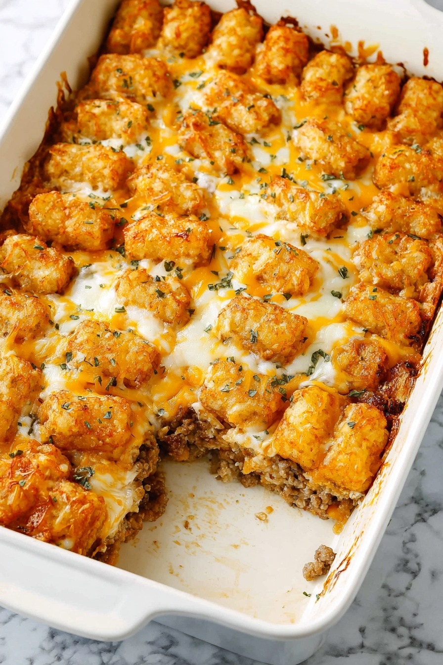 A white rectangular baking dish with a casserole inside, showing a golden-brown top layer of melted cheese melted unevenly over round, crispy tater tots, sprinkled with small green herb flakes. The casserole is cut into square pieces with one corner piece taken out, revealing a bottom layer with a light brown texture mixed with bits of cooked ground meat. The baking dish rests on a white marbled surface. photo taken with an iphone --ar 2:3 --v 7
