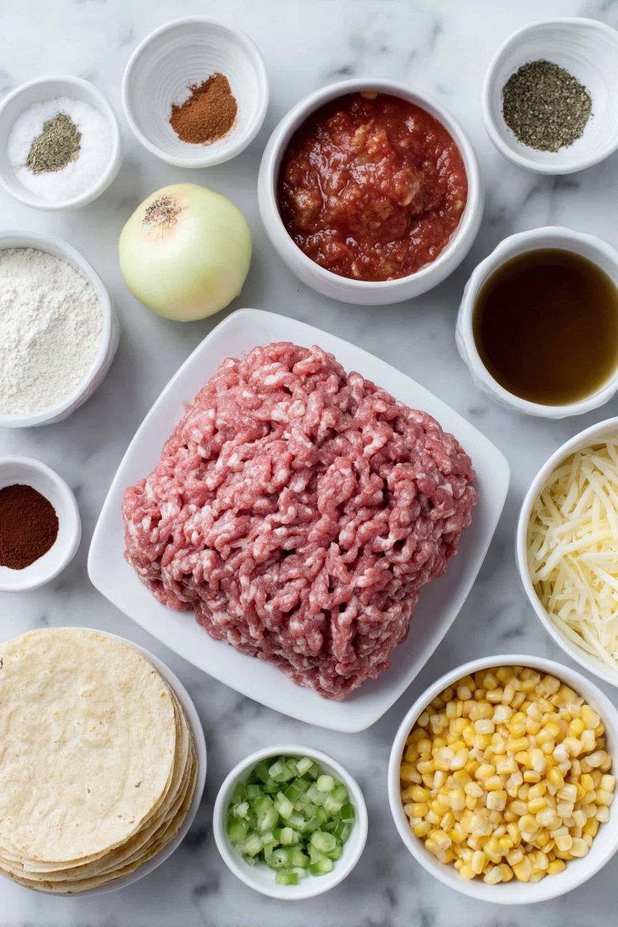 Flat lay of a raw one-pound portion of lean ground beef, a whole yellow onion with bright golden skin, a small mound of pale flour on a white ceramic plate, a neat pile of deep red chili powder, a collection of small white ceramic bowls each containing ground cumin, garlic powder, ground coriander, salt, smoked paprika, dried oregano, cayenne pepper, unshelled garlic cloves, a small white bowl of thick tomato paste, a white bowl filled with rich golden chicken broth, a bowl of ripe red fire roasted diced tomatoes with juices, a bowl of fresh mild chopped green chiles, a tiny white bowl with dark brown cocoa powder, a small white bowl holding light brown sugar, a pinch of ground cinnamon in a white bowl, a stack of fresh yellow corn tortillas, a mound of freshly grated Monterey Jack cheese, a mound of freshly grated sharp cheddar cheese, a white ceramic bowl with drained pinto beans, a bowl of bright yellow sweet corn kernels, another bowl with shiny black sliced olives, and a small white bowl filled with amber apple cider vinegar — all arranged symmetrically on a clean white marble surface, soft natural light, photo taken with an iPhone, professional food photography style, fresh ingredients, white ceramic bowls, no bottles, no duplicates, no utensils, no packaging --ar 2:3 --v 7 --p m7354615311229779997