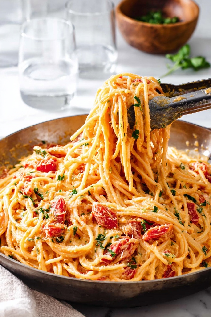 The image shows a pan full of creamy spaghetti, with a creamy orange sauce that coats the pasta evenly, with chunks of red tomatoes scattered throughout. The spaghetti is being lifted by a pair of tongs, revealing the long, thin noodles covered in the sauce, with small bits of green herbs sprinkled on top adding some color contrast. The pan rests on a white marbled surface, and in the background, there are two clear glasses and a wooden bowl with some herbs inside, creating a simple and clean setting. The overall look is warm and inviting, with soft lighting highlighting the texture of the noodles and sauce photo taken with an iphone --ar 2:3 --v 7
