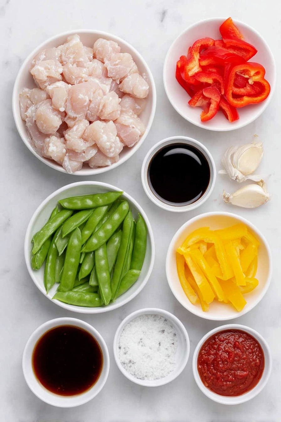 Flat lay of boneless skinless chicken breasts cut into bite-sized pieces, a small mound of coarse sea salt and black peppercorns, a sliced red bell pepper, a sliced yellow bell pepper, a handful of fresh sugar snap peas, three green onions cut into rings, a small white bowl of glossy dark soy sauce, a small white bowl of golden honey, a small white bowl of bright red sriracha, a small white bowl of thick deep red tomato paste, a small white bowl of amber apple cider vinegar, a small white bowl with rich brown sesame oil, three fresh garlic cloves peeled and whole, a small white bowl of crushed red pepper flakes, placed on a clean white marble surface, soft natural light, photo taken with an iPhone, professional food photography style, fresh ingredients, white ceramic bowls, no bottles, no duplicates, no utensils, no packaging --ar 2:3 --v 7 --p m7354615311229779997