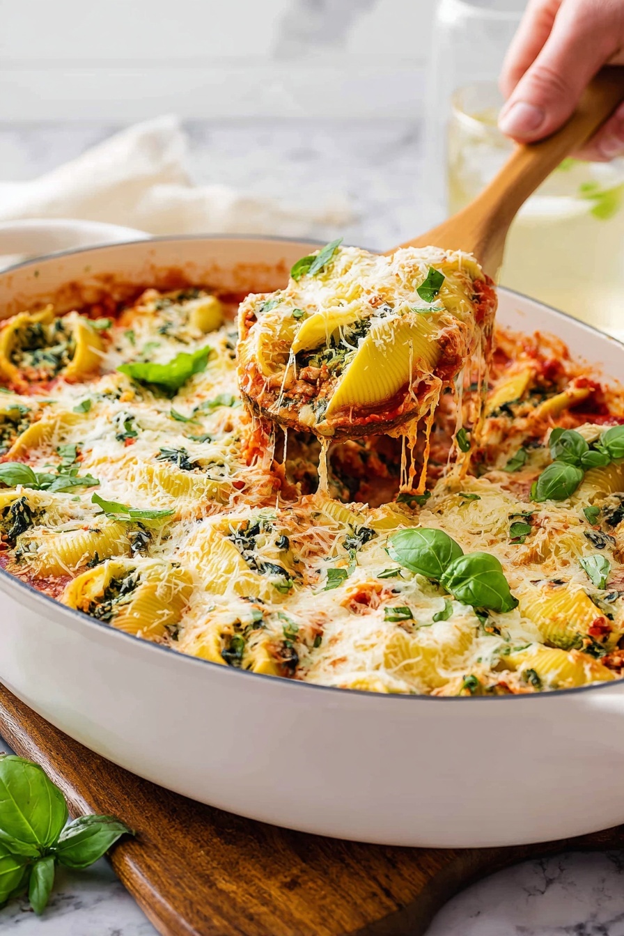 A white oval baking dish holds a layered spinach and cheese casserole topped with melted white and golden cheese mixed with green spinach bits and orange shredded vegetables. The top layer shows patches of tomato sauce peeking through the cheese. On top, fresh green basil leaves are scattered. A woman's hand is lifting a triangular piece with a wooden spatula, revealing melted cheese stretching from the dish. The dish sits on a wooden board against a white marbled surface with a glass of a light-colored drink in the background. Photo taken with an iphone --ar 2:3 --v 7