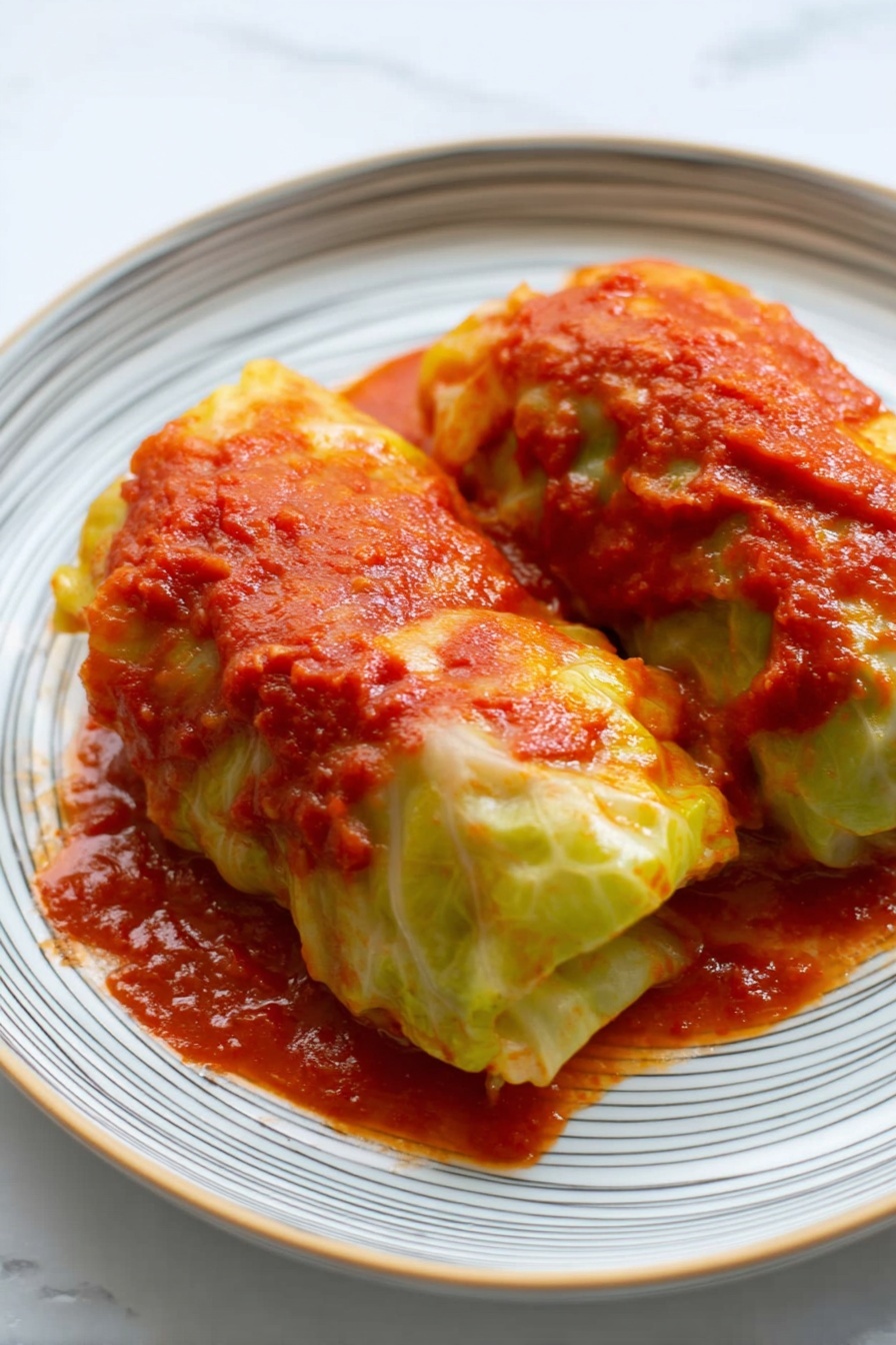 The image shows two stuffed cabbage rolls placed on a white plate with thin grey stripes. The cabbage rolls are covered with a thick layer of rich, red tomato sauce. The cabbage leaves are pale green with a smooth texture, peeking from under the sauce. The tomato sauce has a slightly chunky texture and a bright red color, spread evenly over the rolls and slightly pooling on the plate. The plate rests on a white marbled surface, adding a clean and simple background to the image. photo taken with an iphone --ar 2:3 --v 7