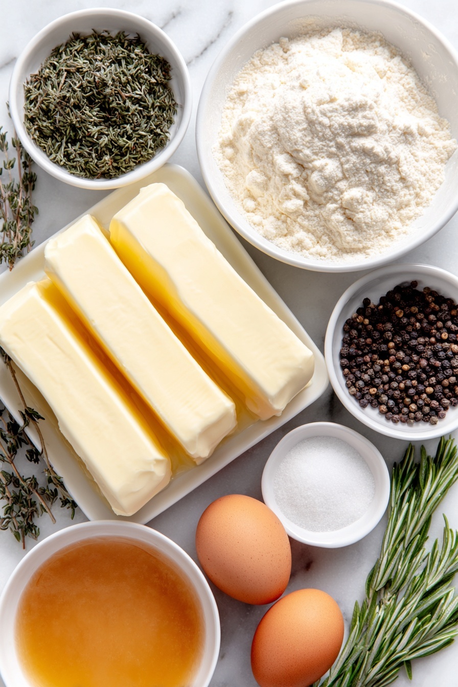 Flat lay of unsalted butter sticks with a smooth, creamy texture; a small white ceramic bowl filled with pale beige all-purpose flour; a simple white ceramic bowl containing rich golden turkey drippings with a slightly oily surface; a small white ceramic bowl of granulated chicken bouillon powder; a few sprigs of dried parsley with deep green color; a small white ceramic bowl of fine garlic powder; a small white ceramic bowl holding onion powder with a soft off-white tone; a few dried thyme sprigs with muted green leaves; a small white ceramic bowl of ground sage in light brown powder; a few dried rosemary sprigs with slender, dark green leaves; a small white ceramic bowl filled with freshly cracked black peppercorns; whole brown eggs with clean, uncracked shells placed neatly together, placed on a clean white marble surface, soft natural light, photo taken with an iPhone, professional food photography style, fresh ingredients, white ceramic bowls, no bottles, no duplicates, no utensils, no packaging --ar 2:3 --v 7 --p m7354615311229779997