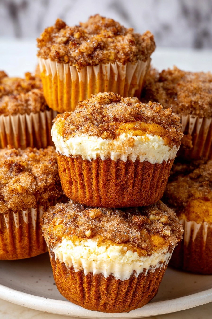 A close-up view of several muffins stacked on a white plate with a white marbled background. Each muffin has three visible layers: a golden-brown base, a creamy white middle layer, and a crumbly topping. The topping is rough and textured with small nut pieces and sugar crystals, giving a crunchy look. The muffin wrappers are a warm brown color, showing folds and creases. One muffin in the front has its wrapper partially peeled, exposing the creamy middle layer. The lighting highlights the textures and warm tones of the muffins, creating a cozy and inviting feeling. Photo taken with an iphone --ar 2:3 --v 7