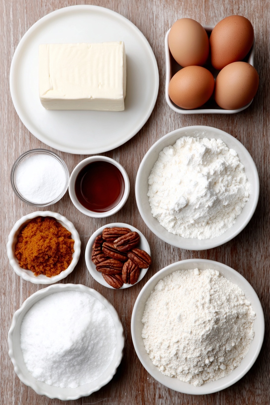 Flat lay of a block of full-fat cream cheese softened at room temperature on a simple white ceramic plate, a small white ceramic bowl of powdered sugar, a small white ceramic bowl containing vanilla extract, raw pecan halves scattered neatly on a white ceramic dish, a small white ceramic bowl of all-purpose flour, a small white ceramic bowl with packed brown sugar, a small white ceramic bowl of granulated sugar, a small white ceramic bowl with ground cinnamon, cold cubed butter on a white ceramic plate, three whole uncracked brown eggs arranged symmetrically, a small white ceramic bowl of granulated sugar, a small white ceramic bowl filled with bright orange pumpkin puree, a small white ceramic bowl of vegetable oil, a small white ceramic bowl of baking soda with baking powder, a small white ceramic bowl containing ground cloves, ground nutmeg, and ground ginger combined, coarse raw turbinado cane sugar in a small white ceramic bowl, and ground cinnamon sprinkled lightly on the side of a white ceramic plate, all arranged in perfect symmetry and natural proportions, placed on a clean white marble surface, soft natural light, photo taken with an iPhone, professional food photography style, fresh ingredients, white ceramic bowls, no bottles, no duplicates, no utensils, no packaging --ar 2:3 --v 7 --p m7354615311229779997