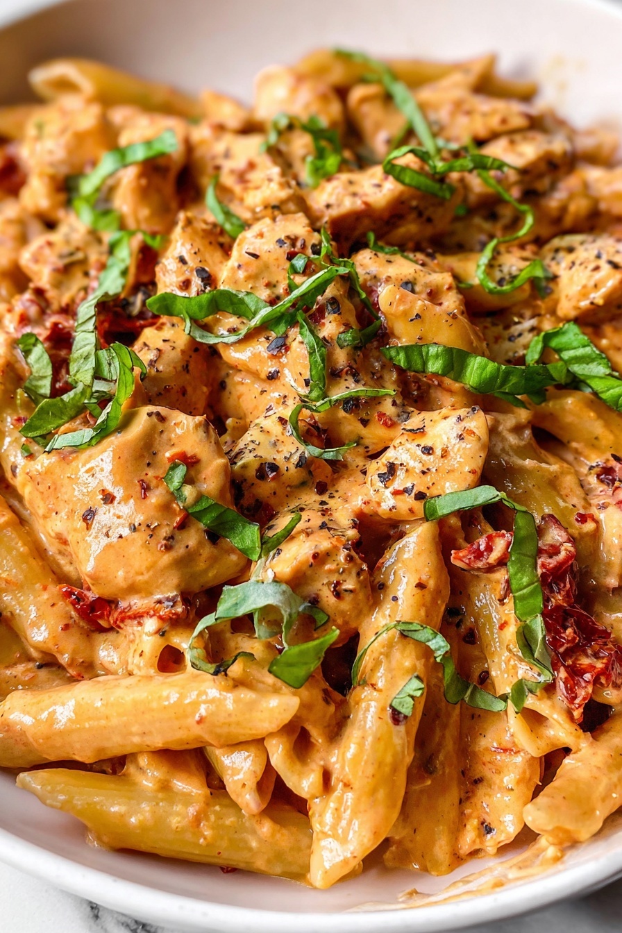The image shows a close-up of a creamy pasta dish in a white bowl on a white marbled surface. The dish has three main layers: small penne pasta coated in a light orange creamy sauce, chunky pieces of cooked chicken mixed throughout in the sauce, and bits of red sun-dried tomatoes. The pasta is topped with fresh green basil leaves and chopped herbs sprinkled evenly, along with cracked black pepper adding tiny dark specks across the top. The textures show smooth sauce, tender chicken pieces, and soft pasta all combined in a rich, comforting mix. Photo taken with an iphone --ar 2:3 --v 7
