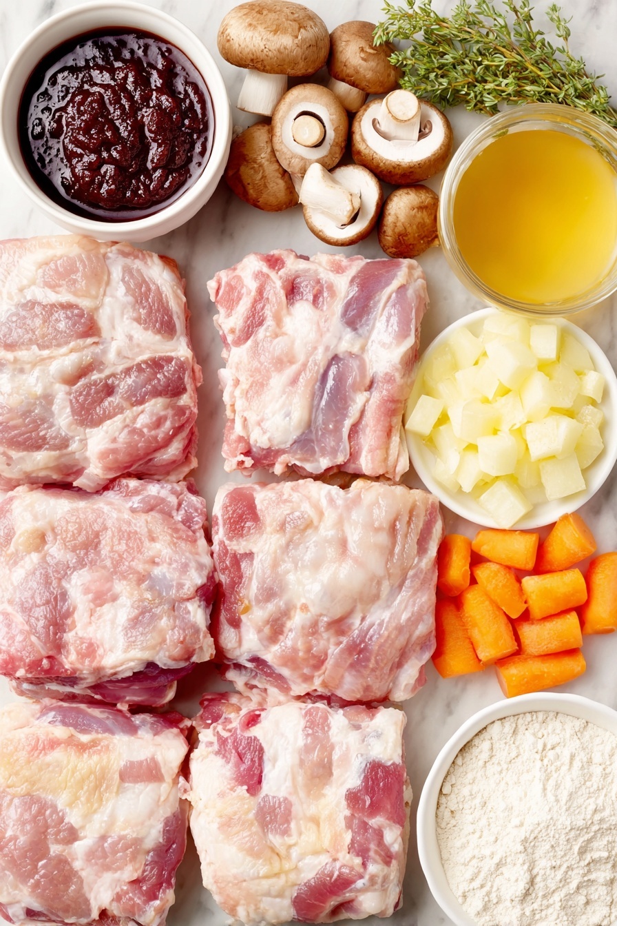 Flat lay of thick slices of raw bacon, eight whole chicken thighs with skin on, a handful of large cremini mushrooms sliced thick, a medium peeled yellow onion diced, four whole garlic cloves unpeeled, a small white ceramic bowl of deep red tomato paste, a small white ceramic bowl filled with dark red dry red wine, a small white ceramic bowl of light golden chicken broth, fresh thyme sprigs, fresh rosemary sprigs, three peeled medium carrots cut into chunks, a small white ceramic bowl with unsalted butter, a small white ceramic bowl of all-purpose flour, fresh flat-leaf parsley sprigs, all arranged in perfect symmetry on a clean white marble surface, soft natural light, photo taken with an iPhone, professional food photography style, fresh ingredients, white ceramic bowls, no bottles, no duplicates, no utensils, no packaging --ar 2:3 --v 7 --p m7354615311229779997