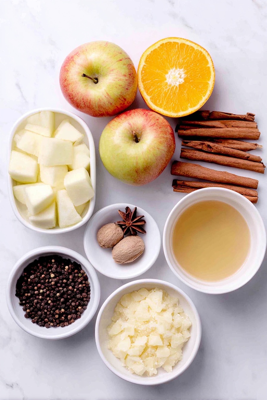Flat lay of a mix of fresh quartered apples with peels and seeds visible, two large peeled quartered oranges, four long cinnamon sticks, a small piece of peeled fresh ginger root, a small white ceramic bowl filled with whole cloves, a small white ceramic bowl with a few star anise, a whole nutmeg placed whole, a small white ceramic bowl containing allspice berries, a small white ceramic bowl with black peppercorns, a small white ceramic bowl with pure maple syrup, and a small white ceramic bowl with pure vanilla extract placed on a clean white marble surface, soft natural light, photo taken with an iPhone, professional food photography style, fresh ingredients, white ceramic bowls, no bottles, no duplicates, no utensils, no packaging --ar 2:3 --v 7 --p m7354615311229779997