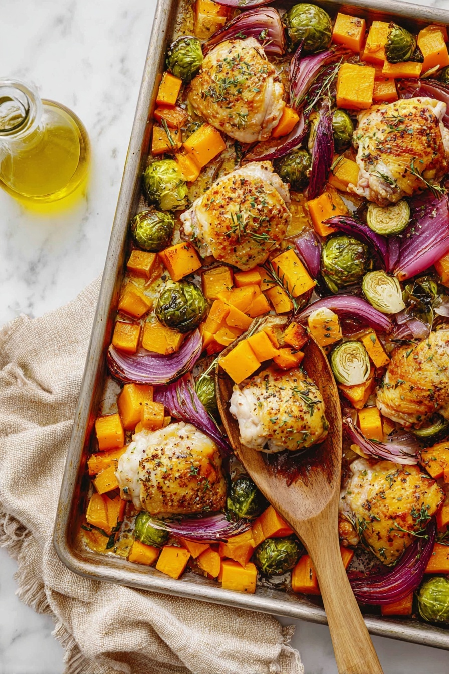 The image shows a metal baking tray filled with roasted chicken thighs, chopped orange vegetables like butternut squash, halved Brussels sprouts, and red onion wedges. The chicken pieces have a golden brown color with herbs and spices on top. The orange vegetable cubes and green Brussels sprouts are scattered evenly around the chicken, with some red onion slices layered in between. A large wooden spoon is partly lifting one chicken thigh along with some vegetables. The tray sits on a soft beige cloth on a white marbled surface. Nearby is a glass bottle of yellow oil. The photo taken with an iphone --ar 2:3 --v 7