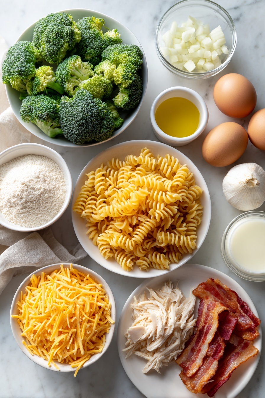 Flat lay of uncooked cavatappi pasta in a small white ceramic bowl, fresh bite-sized broccoli florets arranged in a white ceramic bowl, crispy cooked bacon pieces scattered on a simple white ceramic plate, two whole uncracked brown eggs, a halved red bell pepper with bright seeds visible, diced white onion in a white ceramic bowl, several peeled garlic cloves, a small white bowl of golden olive oil, a small white bowl with a pat of unsalted butter, a small white bowl of all-purpose flour, a small white bowl of creamy half and half, a small white bowl with low sodium chicken broth, a small white ceramic bowl filled with shredded sharp cheddar cheese, a small white ceramic bowl filled with shredded mozzarella cheese, and shredded rotisserie chicken arranged neatly on a white ceramic plate, all placed on a clean white marble surface, soft natural light, photo taken with an iPhone, professional food photography style, fresh ingredients, white ceramic bowls, no bottles, no duplicates, no utensils, no packaging --ar 2:3 --v 7 --p m7354615311229779997