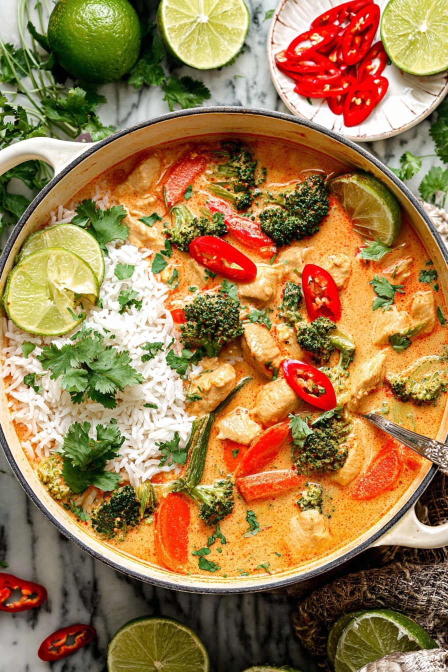 A bowl filled with a creamy orange soup that has many chunks of chicken, broccoli, and sliced carrots in it. One side of the bowl has a layer of white rice topped with fresh green cilantro leaves. On top of the soup, there are bright red slices of chili peppers and more cilantro sprinkled around. Three lime wedges rest on the edge of the bowl. The bowl is placed on a white marbled surface, surrounded by whole and halved limes and a small white plate with sliced red chili peppers. A vintage silver spoon is inside the bowl. photo taken with an iphone --ar 2:3 --v 7