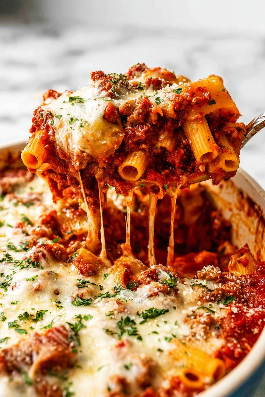 A large serving spoon lifts a portion of baked pasta from a white casserole dish. The pasta has three main layers: the bottom layer is soft tube-shaped noodles covered in thick, red tomato sauce mixed with ground meat; the middle layer is a generous spread of rich red sauce and more pasta, with melted white cheese stretching as it is lifted; the top layer is golden melted cheese sprinkled with chopped green herbs. The background is a white marbled surface, and the overall look is warm and cheesy with a mix of red, white, and green colors. photo taken with an iphone --ar 2:3 --v 7