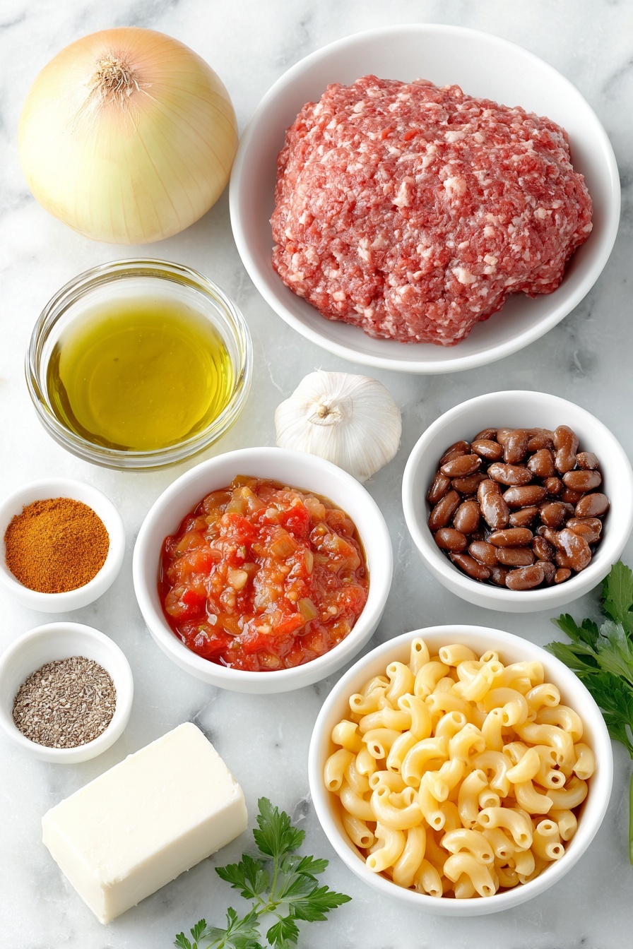 Flat lay of a small pool of golden olive oil in a simple white ceramic bowl, a whole yellow onion with smooth pale yellow skin, a mound of raw lean ground beef with rich red color and marbling, one vibrant red bell pepper with a glossy surface, several peeled garlic cloves with a creamy white color, small white bowls each containing chili powder, smoked paprika, ground cumin, salt, dried oregano, ground mustard, and black pepper powders, a small white bowl filled with bright red crushed tomatoes, another bowl with chunky fire roasted diced tomatoes, a white bowl holding shiny dark red kidney beans, a small white bowl with brown sugar crystals, a small white bowl of chicken broth with a light golden hue, a neat pile of uncooked elbow macaroni pasta with smooth, curved tube shapes, a small block of cream cheese with a soft, creamy white texture, a loose pile of freshly shredded sharp cheddar cheese in vibrant orange, and a few sprigs of fresh green parsley arranged with perfect symmetry, all placed on a clean white marble surface, soft natural light, photo taken with an iPhone, professional food photography style, fresh ingredients, white ceramic bowls, no bottles, no duplicates, no utensils, no packaging --ar 2:3 --v 7 --p m7354615311229779997